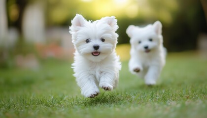 Happy Maltese Lapdog Puppies Frolic And Play On A Green Lawn, Running In Pursuit With White Fluffy And Pretty Coats.