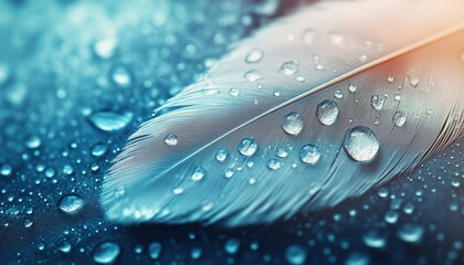 Macro Shot Of Water Droplets On A White Bird'S Feather Against A Blue And Turquoise Background: A Dreamy Display Of Nature'S Beauty.