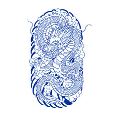 Majestic blue dragon coiled amidst swirling clouds and waves