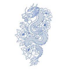 Elegant dragon entwined with blooming peonies intricate line art
