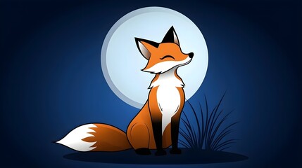 A charming cartoon fox sitting gracefully under a full moon in a serene night setting.