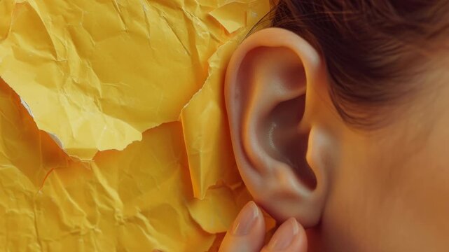 Close-up of human ear with yellow paper covering it, symbolizing blocked sound or concentration. Great for hearing aid concept.
