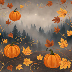 Whimsical autumn forest scene with pumpkins and falling leaves