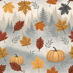 Fototapeta premium Whimsical autumn forest scene with falling leaves and pumpkins