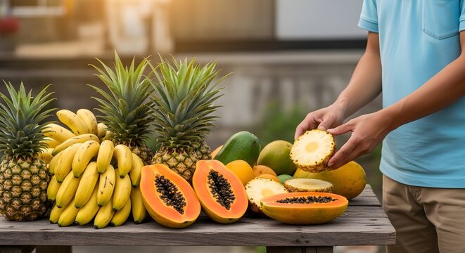 A man's hands showcasing a freshly sliced pineapple from a vibrant assortment of tropical fruits like papaya and bananas on a wooden table