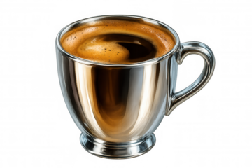 Shiny silver coffee cup brimming with freshly brewed espresso, crema and foam details visible, isolated on transparent background