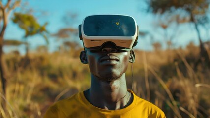 African man with headset and goggles, immersed in a virtual world. - Powered by Adobe