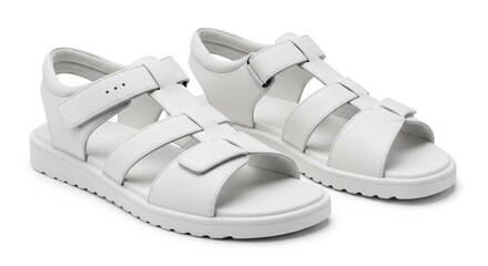 A pair of white leather sandals with velcro straps displayed on a white background in a studio shot