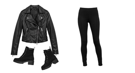 A black leather jacket with boots and leggings laid out on a white background for fashion display