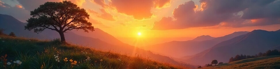 Serene sunrise over a tranquil landscape, conveying peace, faith, and divine connection Perfect for meditation, prayer, or spiritual reflection themes , nature, landscape
