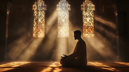 Silhouette of a man in prayer within a historical religious structure.