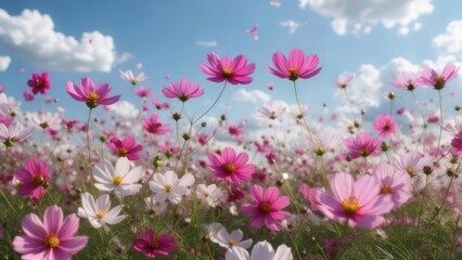 Obraz premium Vibrant flower field under a partly cloudy sky