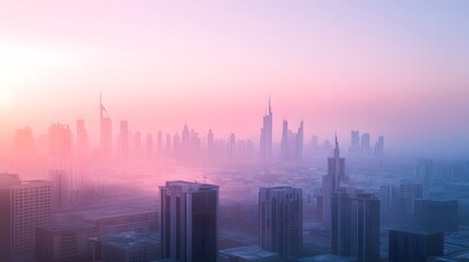 Aerial cityscape view of modern structures during sunrise.