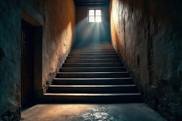 Dramatic Shadowy Staircase Ascending Architectural Detail, Ambitious Journey, Mystery, Escape