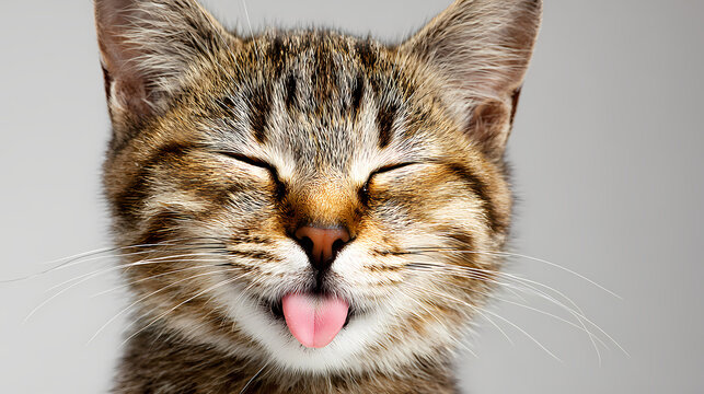 A happy cat with its tongue out, eyes closed, and whiskers visible, photographed in a studio setting with a plain gray background