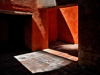 Sunlit passageway with saturated orange adobe wall and terracotta floor