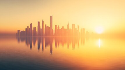 Sunrise cityscape reflected on tranquil water.
