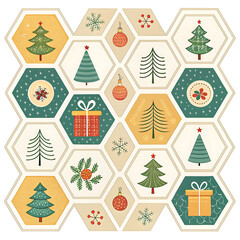 Whimsical hexagonal christmas pattern with trees gifts and ornaments