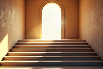 Dramatic Hollywood-style staircase ascending towards a bright, open doorway, bathed in sunlight Perfect for luxury, success, aspiration, and elegance themes , home, mansion, elegant