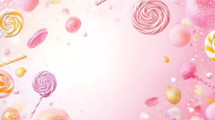 Colorful sweet treats float in a pastel pink background.