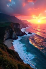 Spectacular panoramic view of a pristine oceanfront, dramatic cliffs, crashing waves, and a breathtaking sunset Perfect for travel, nature, and real estate projects , cliffside, property, shore