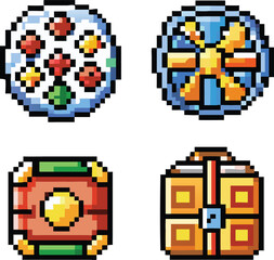 Pixel art icons of random toggle, lottery wheel, chart, and loot chest in 8-bit retro style.