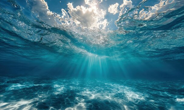 Underwater scene, sunbeams through turquoise water