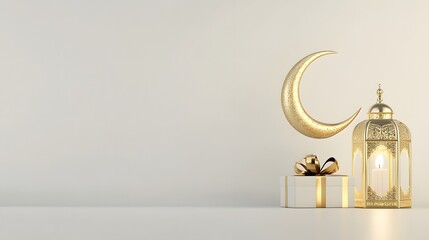 Elegant, golden crescent moon, lantern, and gift box display.