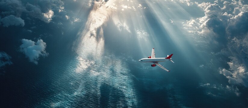 Airplane soaring above the clouds and sea