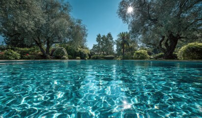 Tranquil pool with lush landscaping under a sunny sky