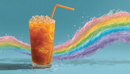 Refreshing Drink with Rainbow Background