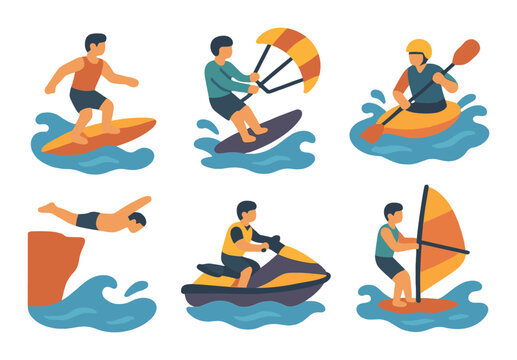 Water sports flat icons set. featuring surfing, kiteboarding, kayaking, diving, jet skiing, windsurfing.