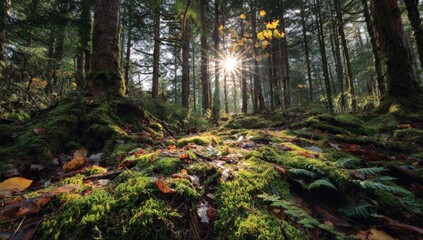 Sunlight filters through a forest floor covered in moss and autumn leaves