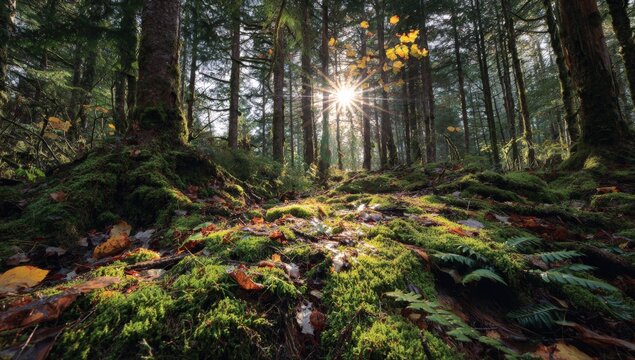 Sunlight filters through a forest floor covered in moss and autumn leaves