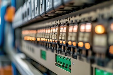 Row of electrical circuit breakers in distribution