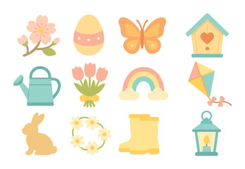 Springtime flat icon set. featuring blossom, egg, butterfly, birdhouse, watering can, tulips, rainbow, kite, bunny, wreath, boots, lantern.