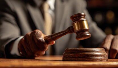 A judge's hand holding a gavel