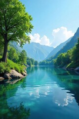Serene landscape with tranquil water, lush greenery, and clear blue sky; perfect for relaxation and stress relief ,  tranquility,  peace