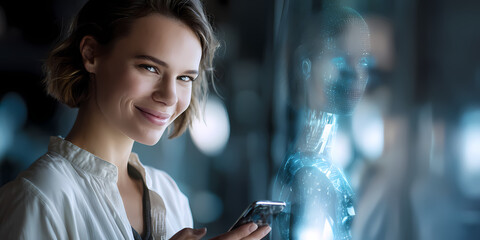 Woman using technology with a hologram display, showcasing digital innovation