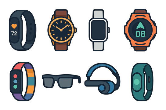 Wearable technology flat icon set. featuring smartwatch, fitness tracker, smart glasses, and headphones.