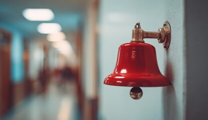Red bell hanging on a wall in a hallway (1)