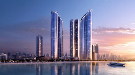 Obraz premium Modern architectural design of three high-rise buildings by the sea.