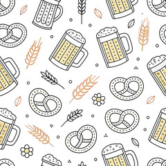 Hand drawn oktoberfest pattern with beer mugs and pretzels on white background