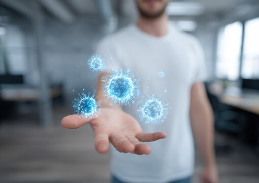 Person's hand holding a holographic representation of viruses
