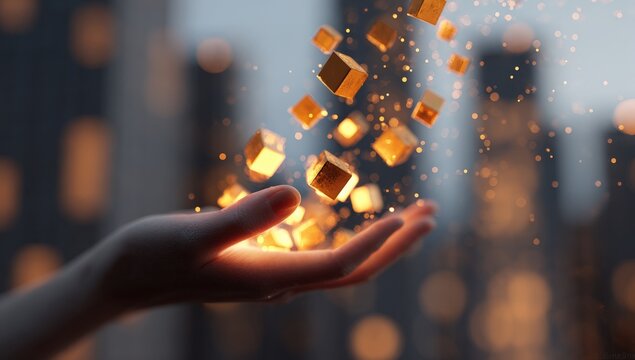 Golden cubes levitating from a hand in a city night - Powered by Adobe