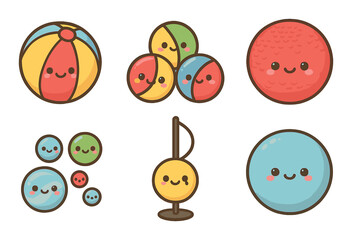Playful toys flat icon set. featuring beach ball, dodgeball, and cute faces on various ball games.
