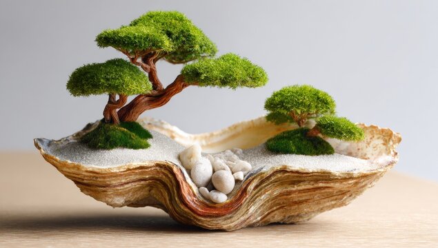 Miniature bonsai trees in a seashell