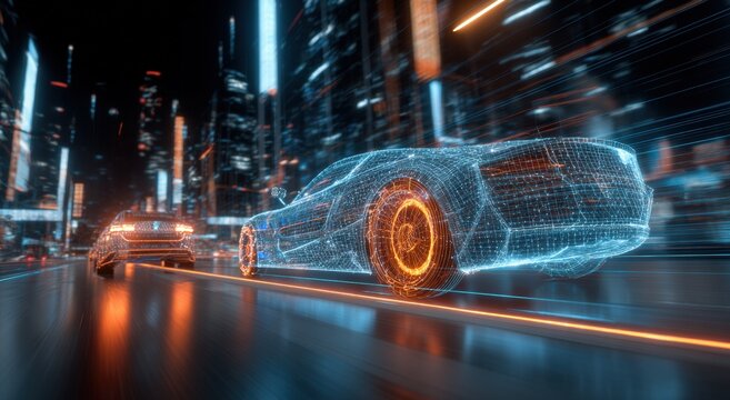 Futuristic cityscape with a glowing, interconnected vehicle