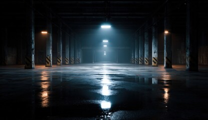 Empty parking garage interior, illuminated by spotlights