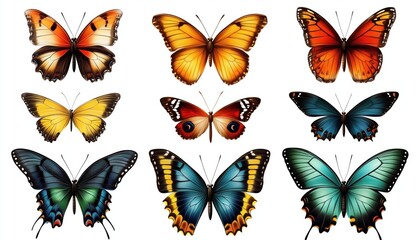 Vibrant Tropical Butterflies Against A White Background: A Delicate Display Of Nature'S Beauty In Bright, Tropical Colors. An Elegant And Peaceful Scene.